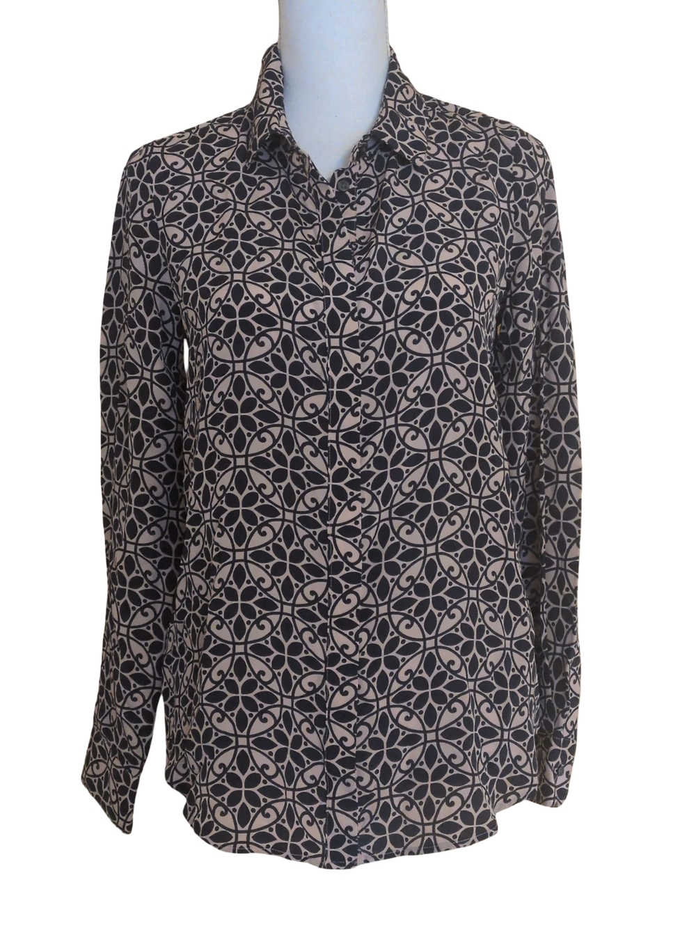 Boden Silk Navy and Peach Florence Geometric Button Up Blouse Size 4